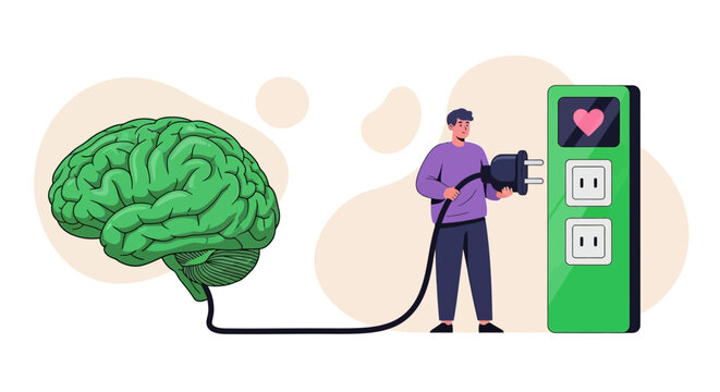 Man plugging brain into energy station with camera, illustrating technology and innovation