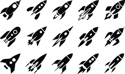 Set of 15 black rocket ship icons vector