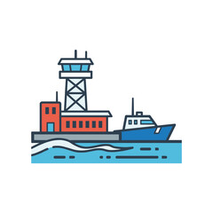 Modern lighthouse and cargo ship at sea with waves vector illustration