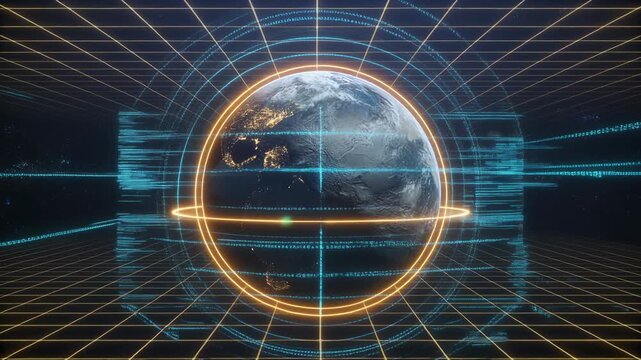 Earth Encased in a Glowing Golden Ring within a Digital Grid Environment in Space planet animated
