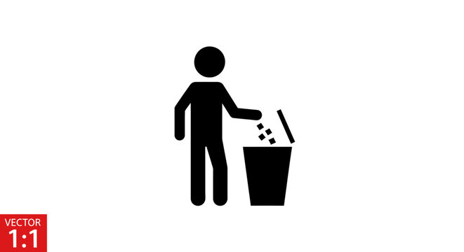 Minimalist flat vector illustration of a person throwing trash into a bin icon.
