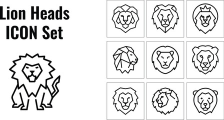 A collection of nine black and white lion head icons varying in mane style on transparent background silhouette © oruna