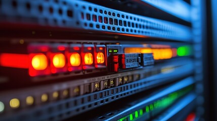 Fototapeta premium Close - up of Server Racks with Illuminated Indicators in Data Center