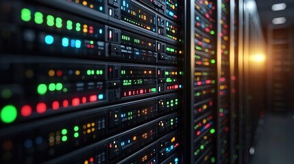 Naklejka premium Server Racks in a Data Center with Illuminated Status Lights