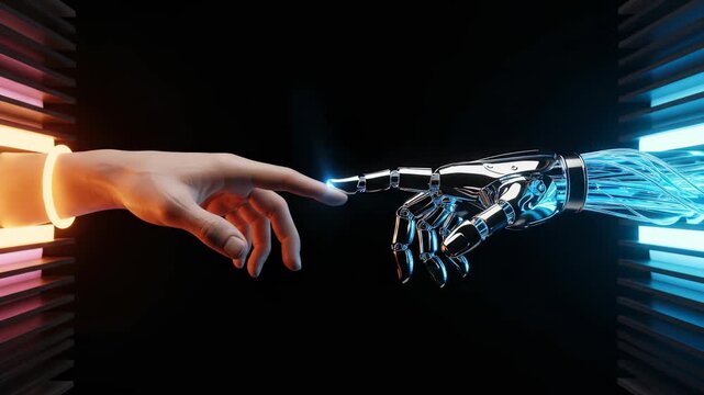 Human and robotic hands reaching out in 'The Creation of Adam' pose, symbolizing the connection between humanity and artificial intelligence against a dark, futuristic background.