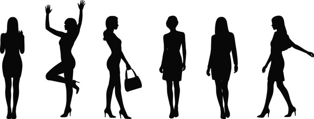 Elegant women silhouettes in stylish dresses, fashion poses, handbag accessory, walking stance, modern female icons, expressive body language illustration © MstGeasmin