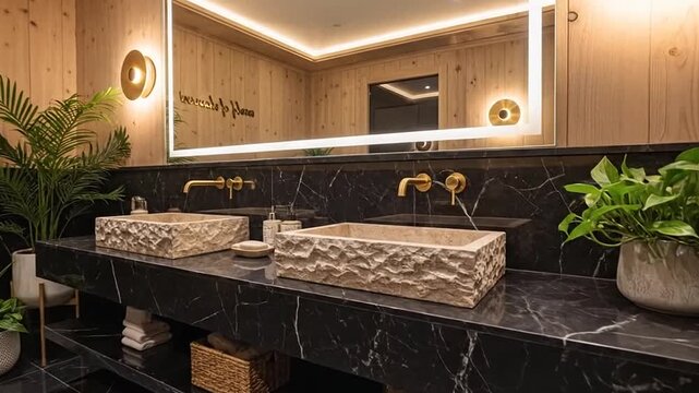 Modern luxury bathroom with natural stone double vessel sinks, black marble vanity, gold fixtures, illuminated mirror, and wood walls.