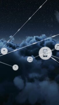 Vertical video: Right-edge nodes appearing, linking and moving closer over clouds, showing network