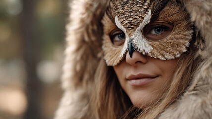 Obraz premium Woman wearing owl mask with fur hood in forest setting