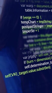 Vertical video: Teal app letter a upper-left pulsing while dev typing showing code overlay for tech