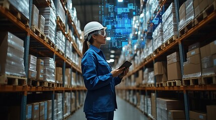 Fototapeta premium Female Warehouse Worker Using Tablet with Digital Projections in Storage Facility