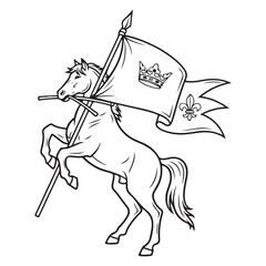 Monochrome Vector Illustration Rearing Horse Holding Flag with Crown and Fleur-de-lis © Maida