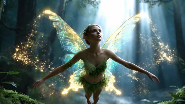 Ethereal forest fairy ascending gracefully, vibrant glowing wings, mystical woodland, sparkling magical light, mythical nature spirit, enchantment concept