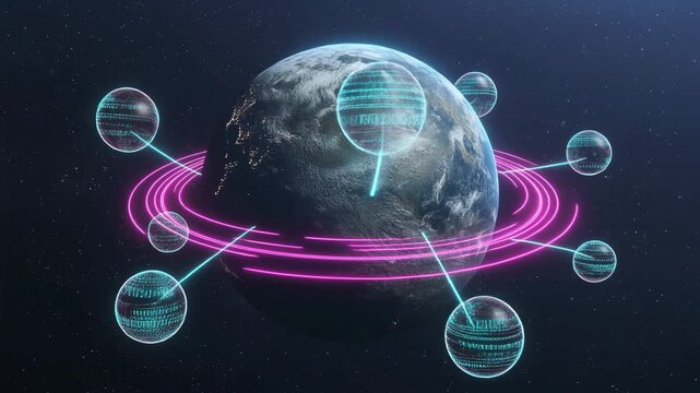 Earth surrounded by glowing digital spheres and neon pink rings in outer space planet animated