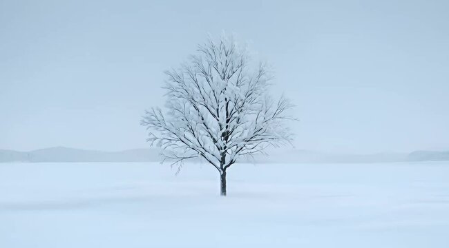 Solitary snow covered tree in a stark white winter landscape image