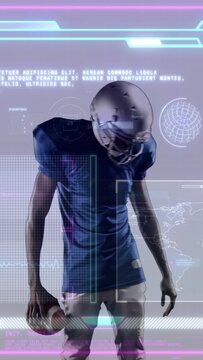 Vertical video: HUD scan initiating football player adjusting helmet, cradling ball for analysis
