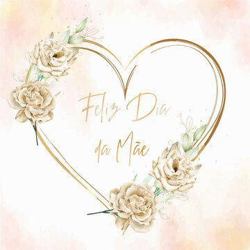 Um cart&atilde;o ou faixa para desejar um feliz Dia da M&atilde;e em dourado, dentro de um cora&ccedil;&atilde;o dourado com flores bege e creme sobre um fundo aguarelado bege e rosa.