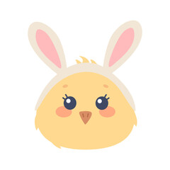 Head of a cute yellow chick with bunny ears. Cute vector illustration for holiday in flat style