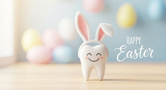 Smiling white tooth with bunny ears on wooden table. Colorful easter eggs and balloons in soft focus background. Happy easter greeting in fun dental theme