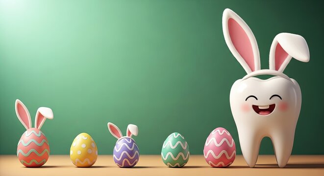 Smiling tooth with bunny ears standing next to colorful Easter eggs and small bunnies. Fun dental health concept for Easter holiday celebration. Cartoon oral care illustration promoting hygiene