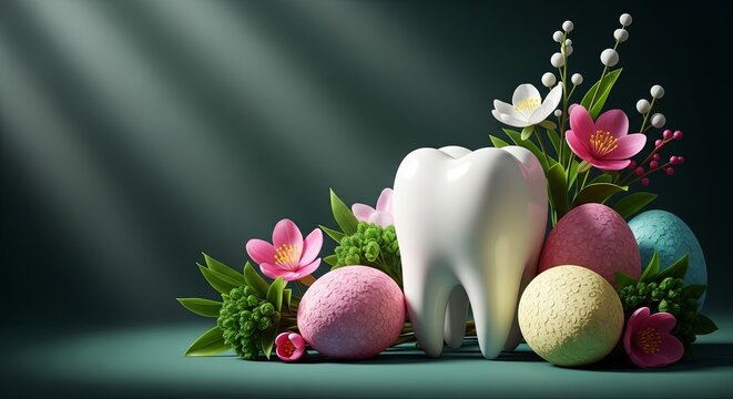 White tooth surrounded by colorful easter eggs and spring flowers. Dental easter holiday concept with playful bunny theme. Innovative oral health greeting card design