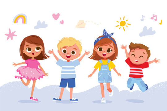 Set,  group or diverse, joyful, happy, cheerful, laughing children jumping with their hands in the air. Dressed in shorts, jeans, dress, t-shirts, brunettes and blondes in different playful poses
