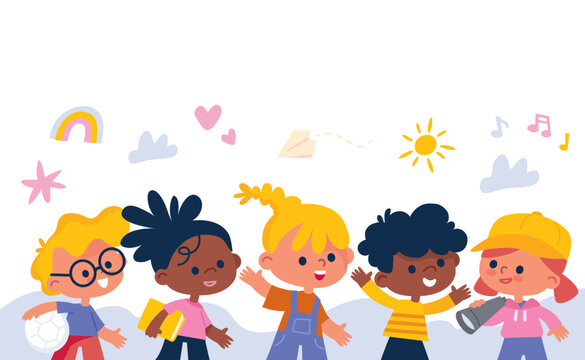 Set, group or diverse, joyful, happy, cheerful, laughing children with their hands in the air and ball, book. Dressed in shorts, jeans, dress t-shirts, brunettes and blondes in different playful poses