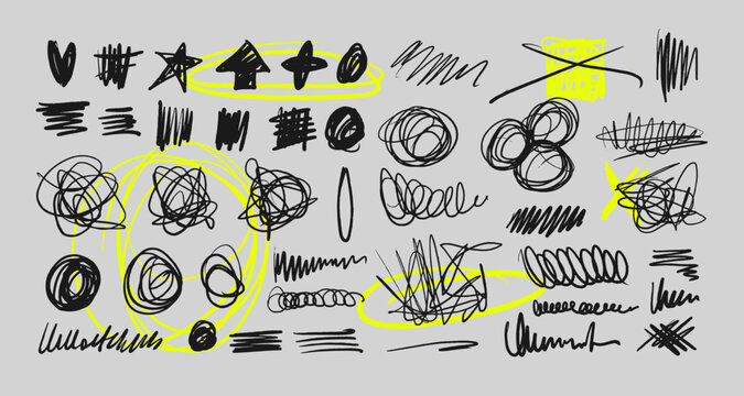 Modern expressive scribble art set. Abstract hand drawn pencil squiggles, chaotic pen scratches and messy ink lines. Trendy doodle pack for contemporary graphic design, collage and social media.