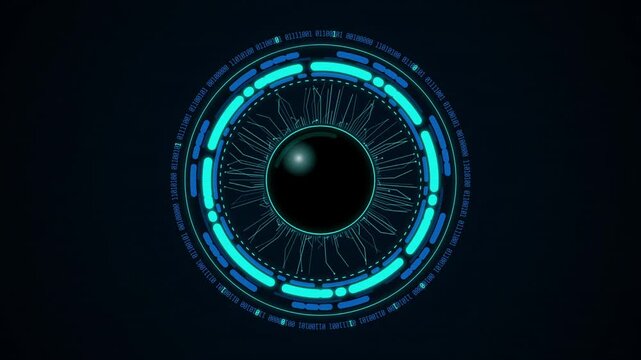 Futuristic animation of a glowing blue circular interface on a dark background from a front viewpoint