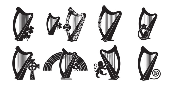 Set of 8 Celtic harp icons vector