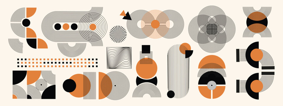 Hand drawn abstract minimal elements set in mid century modern style. Contemporary stripe line art and simple geometric shapes in monochrome. Aesthetic design for wall art, posters,  wallpaper. Vector
