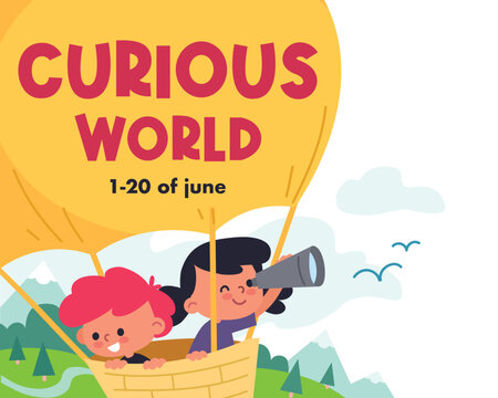 Children are traveling and riding in a hot air balloon. Poster, announcement of the Hot Air Balloon Festival! 
