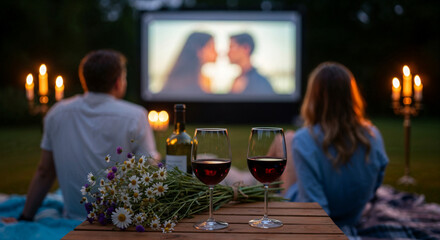 Romantic couple watching movie outdoors with wine and candles  