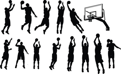 Collection of basketball player silhouettes including dunking, shooting, and dribbling actions with a hoop for sports competition, fitness, and recreation © Liza