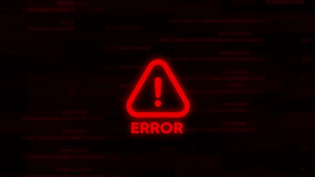 Error Alert System Failure Warning Sign Red Neon Exclamation Mark on Black Background with Code error message