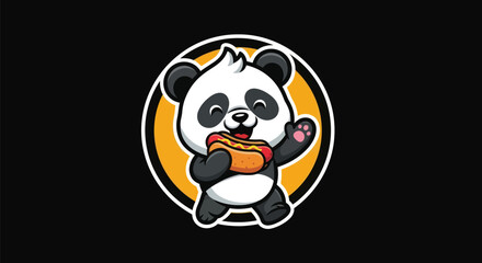 Cartoon panda eating hotdog on black © Zero
