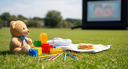 Teddy bear sitting on picnic blanket with toys and sandwich outdoors  