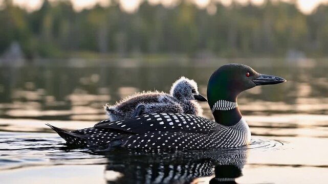 Common Loon Swimming with Chick on Back in Calm Lake at Golden Hour