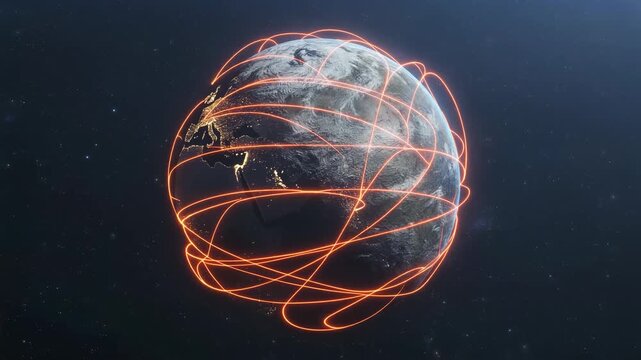 Earth From Space With Orange Network Lines Connecting Global Points globe connection animated