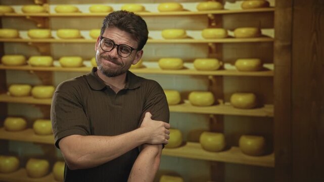Man holding his arm in a rustic cheese shop with rows of cheese wheels on wooden shelves, wearing glasses and frowning; discomfort.