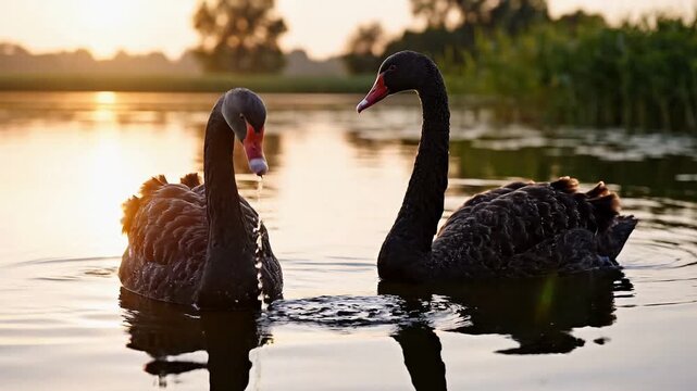 Two Black Swans Swimming in a Lake at Sunset