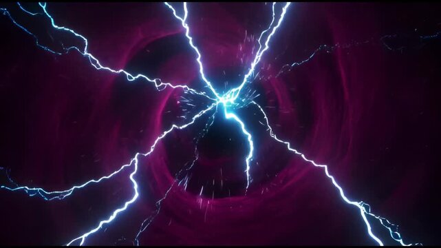 Wormhole Travel through Magenta Nebula with Electric Lightning Strikes