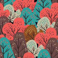 Seamless pattern with trees, plants. Color vector background. Spring, autumn tree for your design. Eco idea concept. Print design for wallpapers, fabric, textile.