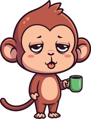 Cute cartoon monkey holding a green coffee mug looking very tired with sleepy eyes standing and yawning on white background