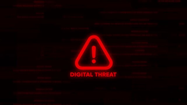Digital Threat Warning Sign with Glowing Red Exclamation Mark on Dark Background with Binary Code danger symbol