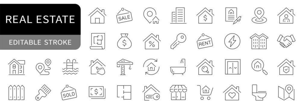 Real estate simple line icons set. House, agent, home, mortgage editable stroke icon. vector
