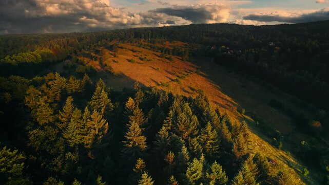Aerial footage of a rural landscape on hills in warm dramatic sunrise orange light, with an illuminated meadow surrounded by woods
