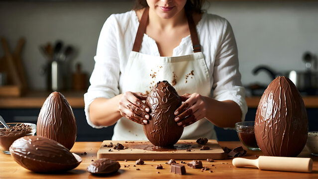 A person meticulously crafts a giant chocolate egg, symbolizing the joy of sweet indulgence and artisanal craftsmanship in a heartwarming scene.