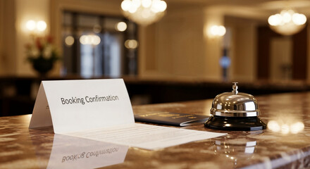 Booking confirmation card and bell on hotel reception desk  