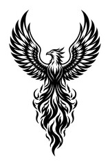 Obraz premium Phoenix rising from flames, symbol of rebirth and regeneration, black silhouette on white background, majestic wings outstretched, mythical creature, powerful and free, representing hope and renewal,